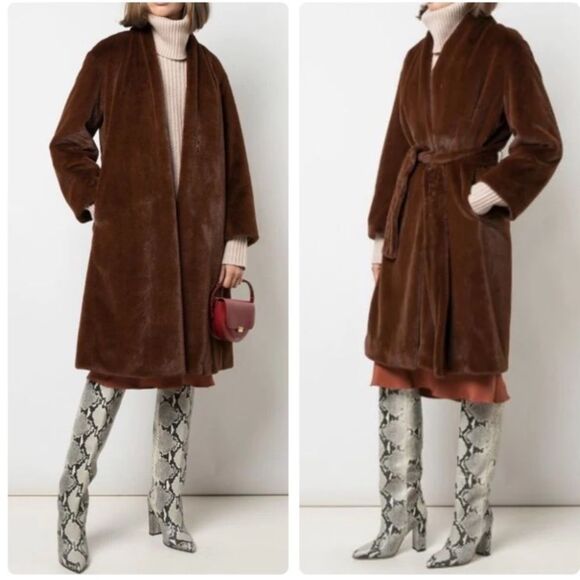 Vince X Revolve Faux Fur Mahogany Brown Belted Coat Ultra Chic Soft Quiet Luxury - Picture 4 of 14